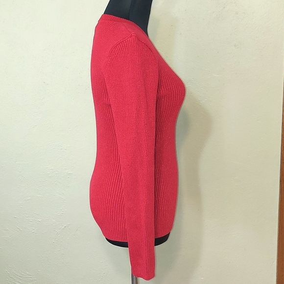 Juniors Basic Editions Red Long Sleeve Glitter Stretch Sweater - Picture 3 of 6